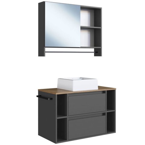 Espelheira e Gabinete Suspenso com Cuba 80cm Mel Grafite Proddy