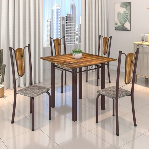 Conjunto de Mesa Tubular 75x75cm Tampo de Madeira com 4 Cadeiras Júlia Marrom/Cisal/Cacau
