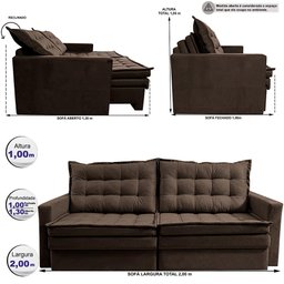 Sofá sem Caixa Retrátil Baú 2,00m Cama Inbox Secret Suede Velusoft Café - 3