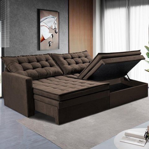 Sofá sem Caixa Retrátil Baú 2,00m Cama Inbox Secret Suede Velusoft Café