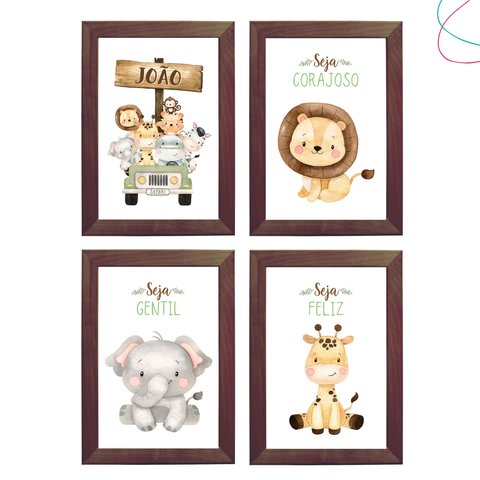 Kit 4 Quadros Decorativos Safari Baby Aquarela Moldura Vidro:tabaco