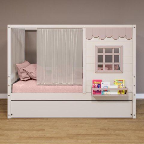 Bicama Casinha Reta com Cortina Madeira Maciça Branco/ Rosa Housin