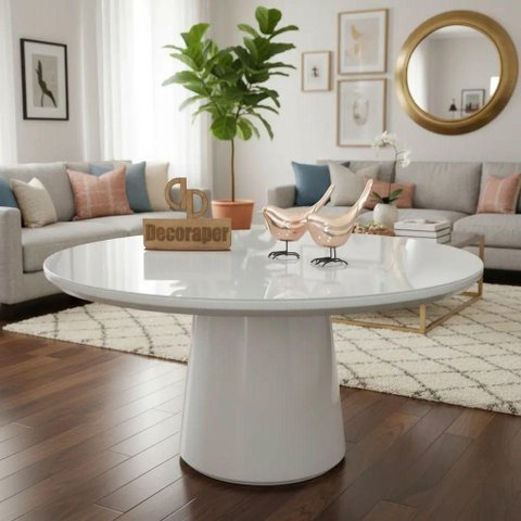Mesa de Centro Base Cone Laqueada Redonda MDF Madeira 70cm Off White