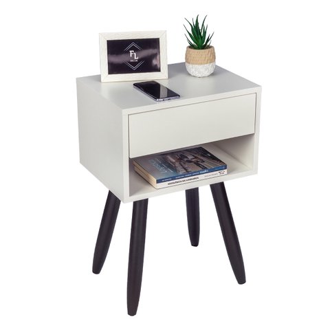 Mesa de Cabeceira Retrô 40cm Branco Gaveta e Nicho Pés Palito Madeira Escura - Enviamos Montado