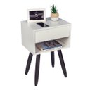 Ver imagem 1 de Mesa de Cabeceira Retrô 40cm Branco Gaveta e Nicho Pés Palito Madeira Escura - Enviamos Montado