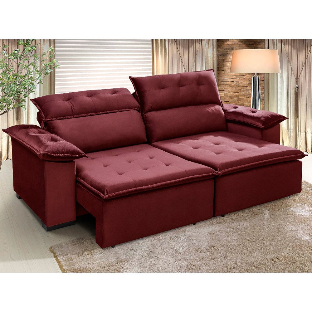 Sofá Retrátil e Reclinável 230 cm Supremo Veludo Vermelho Chamby Móveis - 1