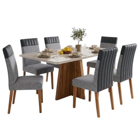 Conjunto Sala de Jantar Mesa 1,60m com Vidro Anjos 6 Cadeiras Montreal Viero