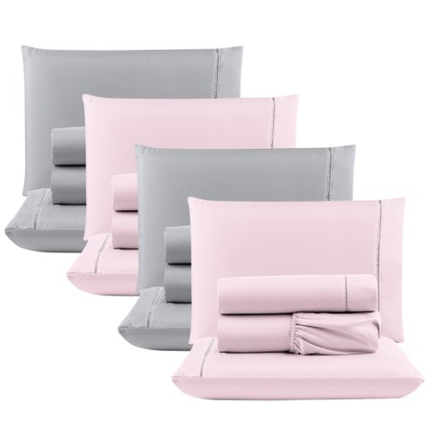 Kit C/ 4 Jogos Cama Lençol Unique Casal Padrão Micro Percal 400 Fios Ponto Palito 4 Peças - Rosa + C