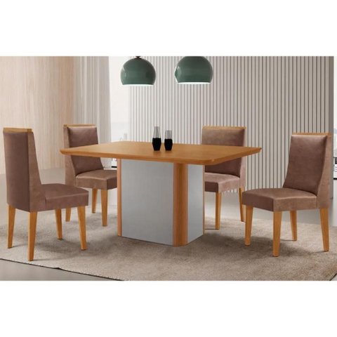 Conjunto: Mesa Sala Jantar Pietá Tampo Curvo 120cm+4 Cadeiras Dakota Madeira Naturale/off White -