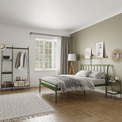 Conjunto Cama Queen 2 Mesa de Cabeceira e Arara de Roupas em Aço Begônia CabeCasa MadeiraOriginals Verde/Cobre
