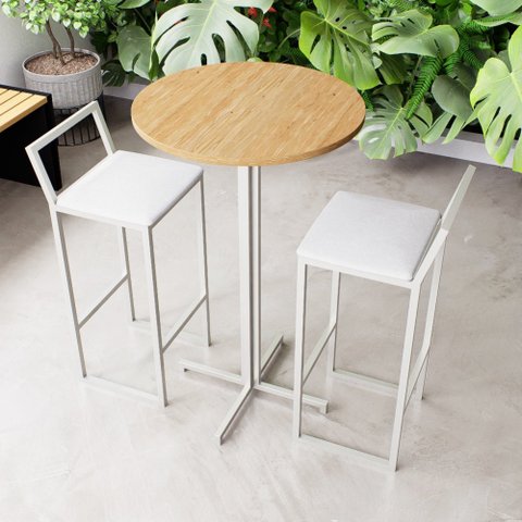 Conjunto Mesa Alta Bar Bistrô Redonda Pinus 2 Cadeiras Estofado White Don Castro Decor