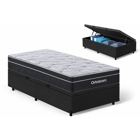 Cama Box Baú Solteiro Suede Preto + Colchão Ortobom Elegant Superpock