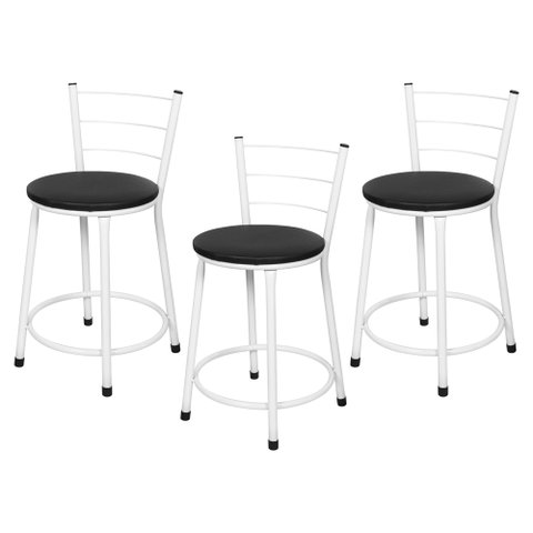 3 Banquetas Baixa para Cozinha Epoxi Branca:preto