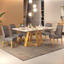 Ver imagem 1 de Conjunto Sala de Jantar Mesa Tampo Retangular Chanfrado Curvo Mad/vid 160 X 90cm Kiara Cedro Off Whi