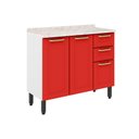 Ver imagem 1 de Gabinete P/ Pia Cozinha Balcão C/ Tampo Colors 6114 C/ 3 Portas e 2 Gavetas 105cm Branco/vermelho