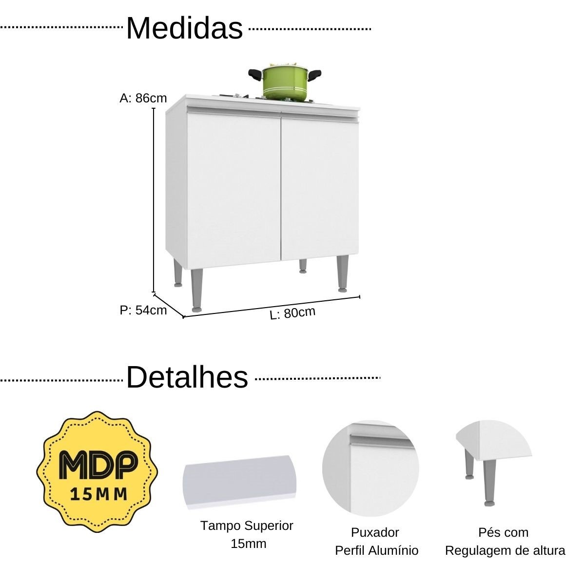 Balcão para Fogão Cooktop com Tampo 80 Cm Athena 2 Portas Branco - Irm - 3