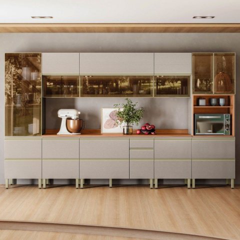 Cozinha Completa Proença 12 Portas 10 Gavetas 100% Mdf com Vidro Dp3702rf Nogueira/nude Prime Tx - D