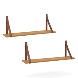 Kit 2 Prateleiras Gold Freijó com Alças de Couro - Matic Móveis - 1 Kit 2 Prateleiras Gold Freijó com Alças de Couro - Matic Móveis - 1