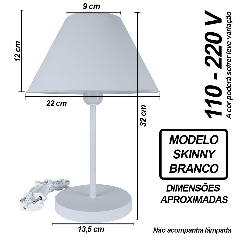 Abajur Infantil Luminária de Mesa Fino Decoração Quarto – Skinny Base Branca Cúpula Branca - 2