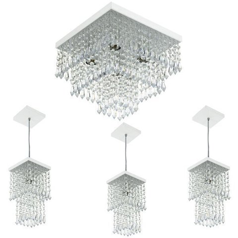 Kit 1 Lustre Cristal Acr. Sweet + 3 Pendentes Spark Branco