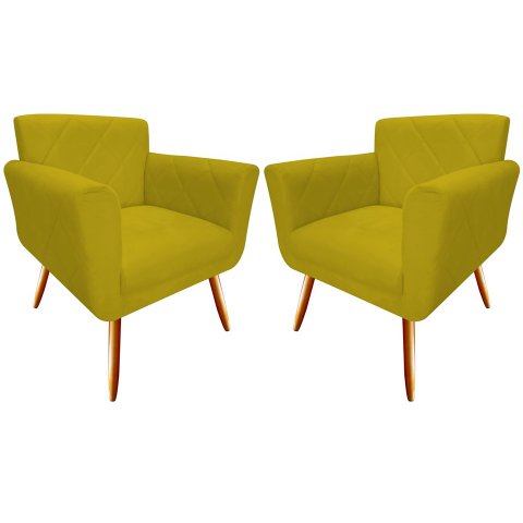 Kit 2 Poltronas Decorativa Sabrina Couro Amarelo Pés Madeira Ms Decor
