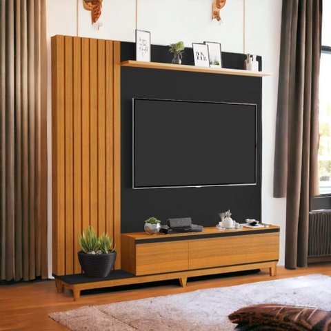 Painel para TV Jacarta 65 pol 217,5cm Madeira Maciça Preto e Freijó Luapa Móveis