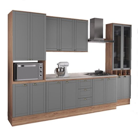 Armário de Cozinha Completa com Balcão Milla Spring Carraro Nogal com Cinza Titânio