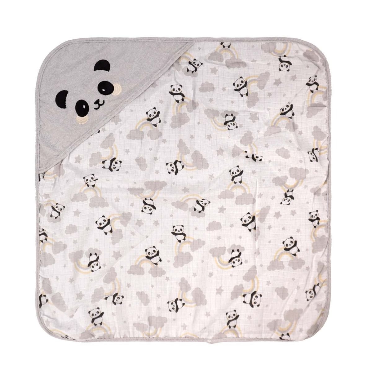 Toalha de Banho Bebe C/capuz Plush 68 Cm X 68 Cm Bord: Panda Cinza - 1