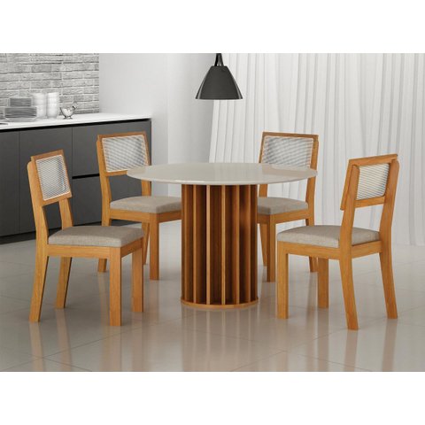 Sala de Jantar Mdf Redonda 4 Lugares Florença - Arbo Design - Cinamomo Off White Linho Bege