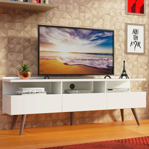 Rack para Tv até 65 Polegadas Madesa Madri com Pés de Madeira - Branco