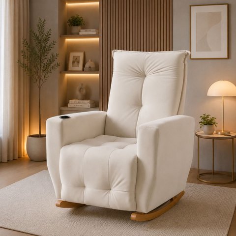 Poltrona de Amamentação Luna com Puff e Balanço Suave em Boucle – Conforto, Elegância e Qualidade