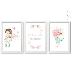 3 Quadros Decorativos infantil Menina Aquarela Flores:Branca