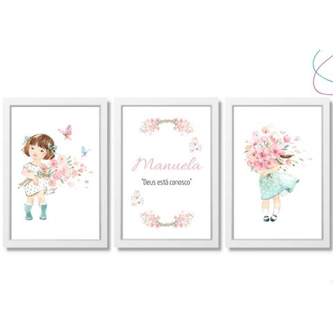 3 Quadros Decorativos Infantil Menina Aquarela Flores:branca