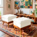 Ver imagem 1 de Puff Banqueta Almofadado Kit 2 Londres Apoio para Pés Corino e Linho Bege Base de Madeira - Arkell