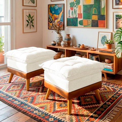 Puff Banqueta Almofadado Kit 2 Londres Apoio para Pés Corino e Linho Bege Base de Madeira - Arkell