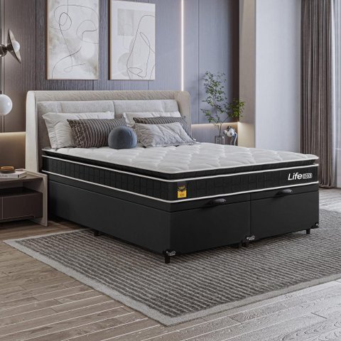 Cama Box Baú Casal Bipartido Couro Preto + Colchão Life D33 Pillow Top 61x138x188cm Preto- e-Shop
