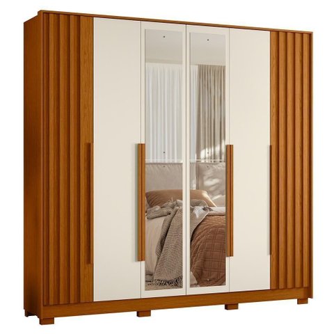 Guarda Roupa Casal Deville Ripado 6 Portas Cinamomo-off White com Espelho - Móveis Albatroz