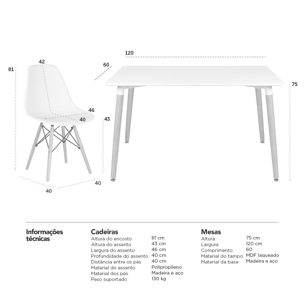 Kit - Mesa Retangular Eames 80 X 120 Cm Branco + 4 Cadeiras Eiffel Dsw Nude - 2