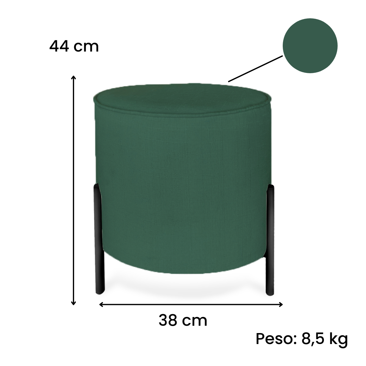 Puff Redondo Decorativo Suede com Pé Epóxi Preto Fosco Verde Musgo - 2