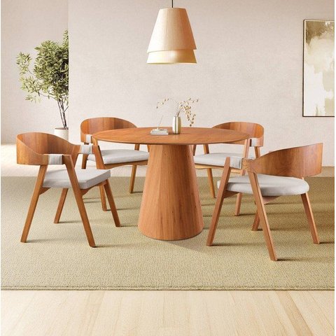 Conjunto Sala de Jantar Mesa Cone Amadeirada 120 cm + 4 Cadeiras Luna