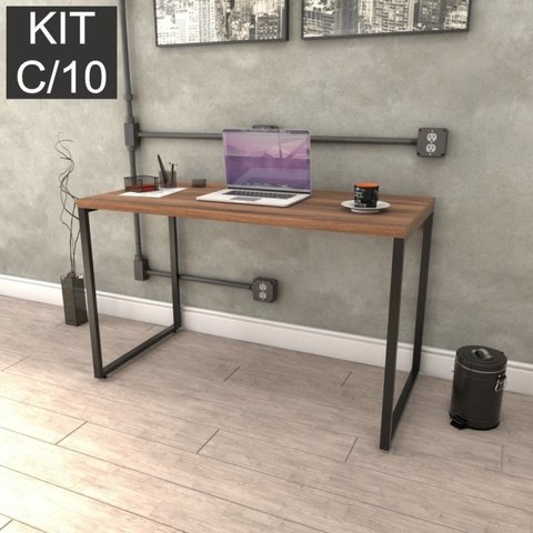 Conjunto com 10 Escrivaninhas Kuadra Estilo 120cm Industrial Nogal Marrom