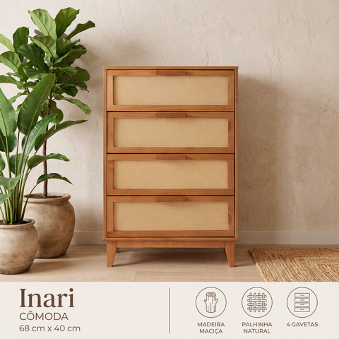 Cômoda Inari 4 Gavetas | 100% Madeira Maciça com Palhinha Natural | 68 cm X 40 cm | Caramelo