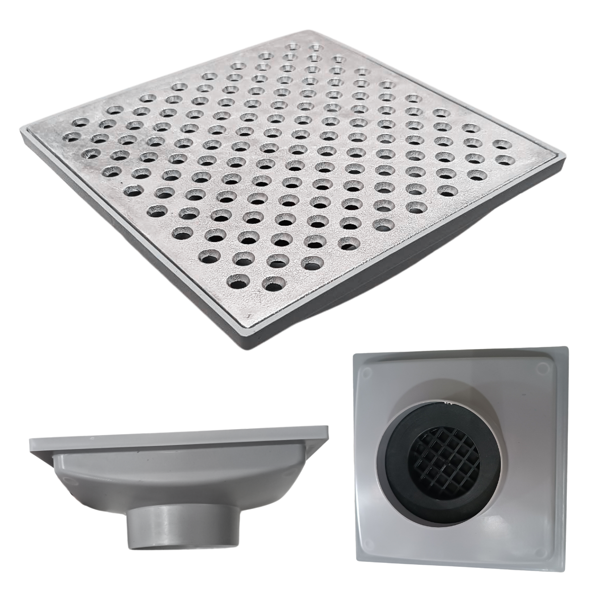 Ralo Anti Cheiro 20x20 Alumínio Perfurado Bolinha Coletor Cinza Saída Baixa para Tubo de 100mm - 1