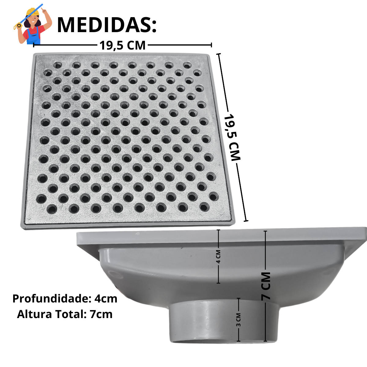 Ralo Anti Cheiro 20x20 Alumínio Perfurado Bolinha Coletor Cinza Saída Baixa para Tubo de 100mm - 3
