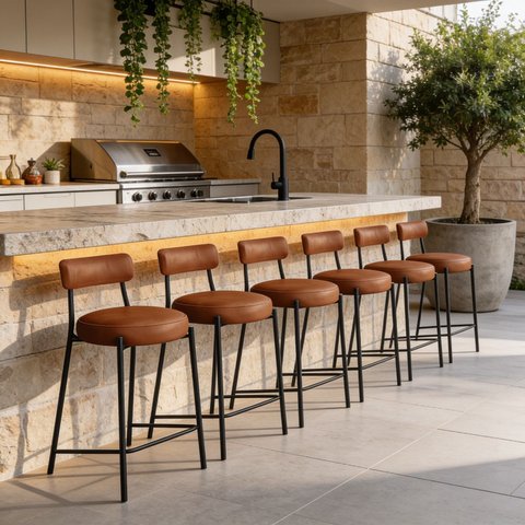 Banqueta Cozinha Média com Encosto Industrial Preto Kit 6 Londres PU D03 - D'Rossi