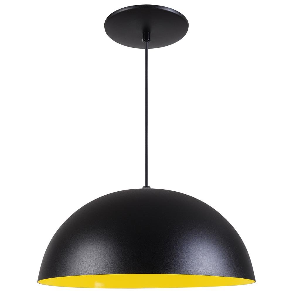 Pendente Meia Lua 34cm Luminária Alumínio Preto Textura C/ Amarelo