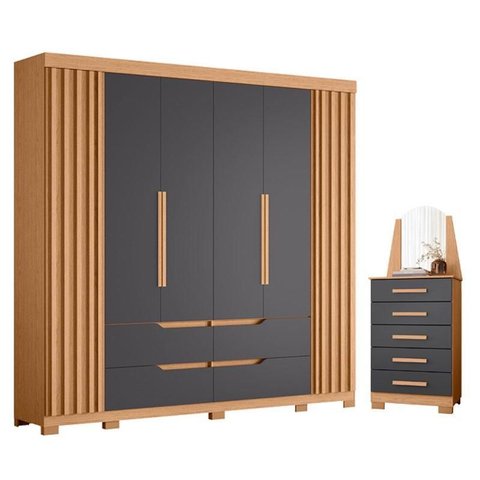 Guarda Roupa Casal Doble 06 Portas e Cômoda New Veneza 05 Gavetas com Espelho Freijo Titanium - Mó