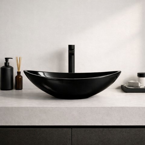 Cuba Apoio Banheiro Lavabo Oval 40cm Preta Brilho Brilhante Pia Design Moderno Estilo Industrial