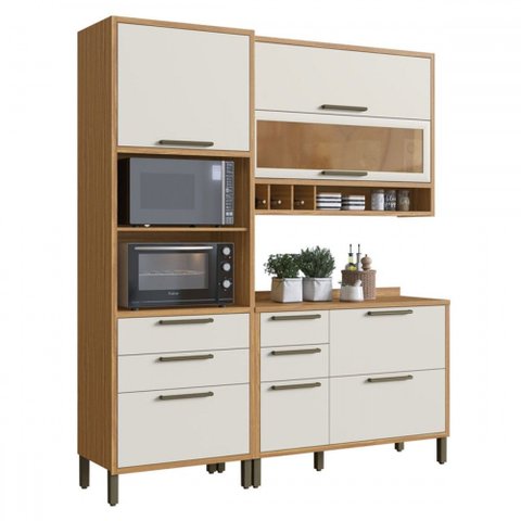 Armário de Cozinha com Balcão e Tampo 6 Portas 5 Gavetas Pérola 100% Mdf Vidro Reflecta Amêndoa/off