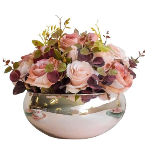Arranjo com Flores Rosas Lindas Artificiais Vaso Rosé Gold
